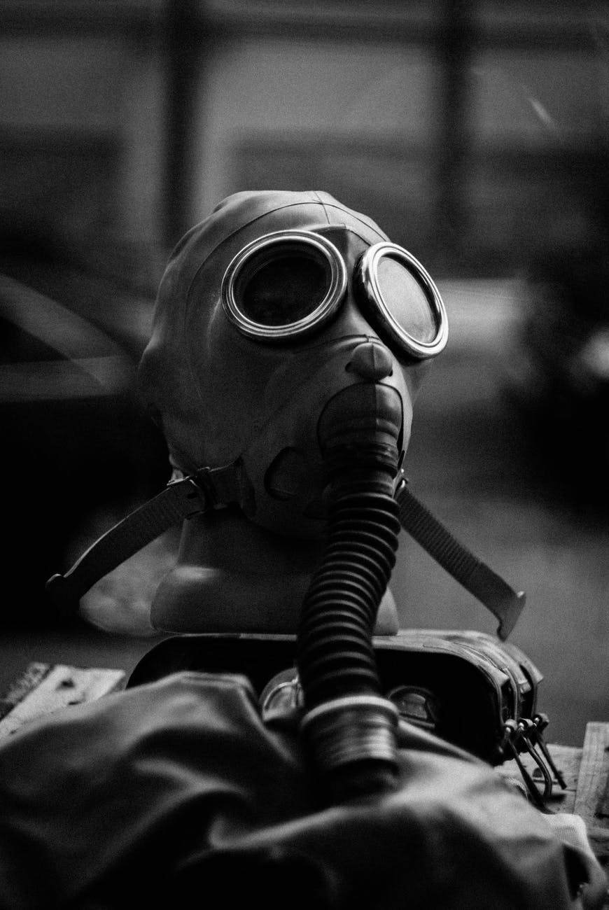 grayscale photo of gas mask