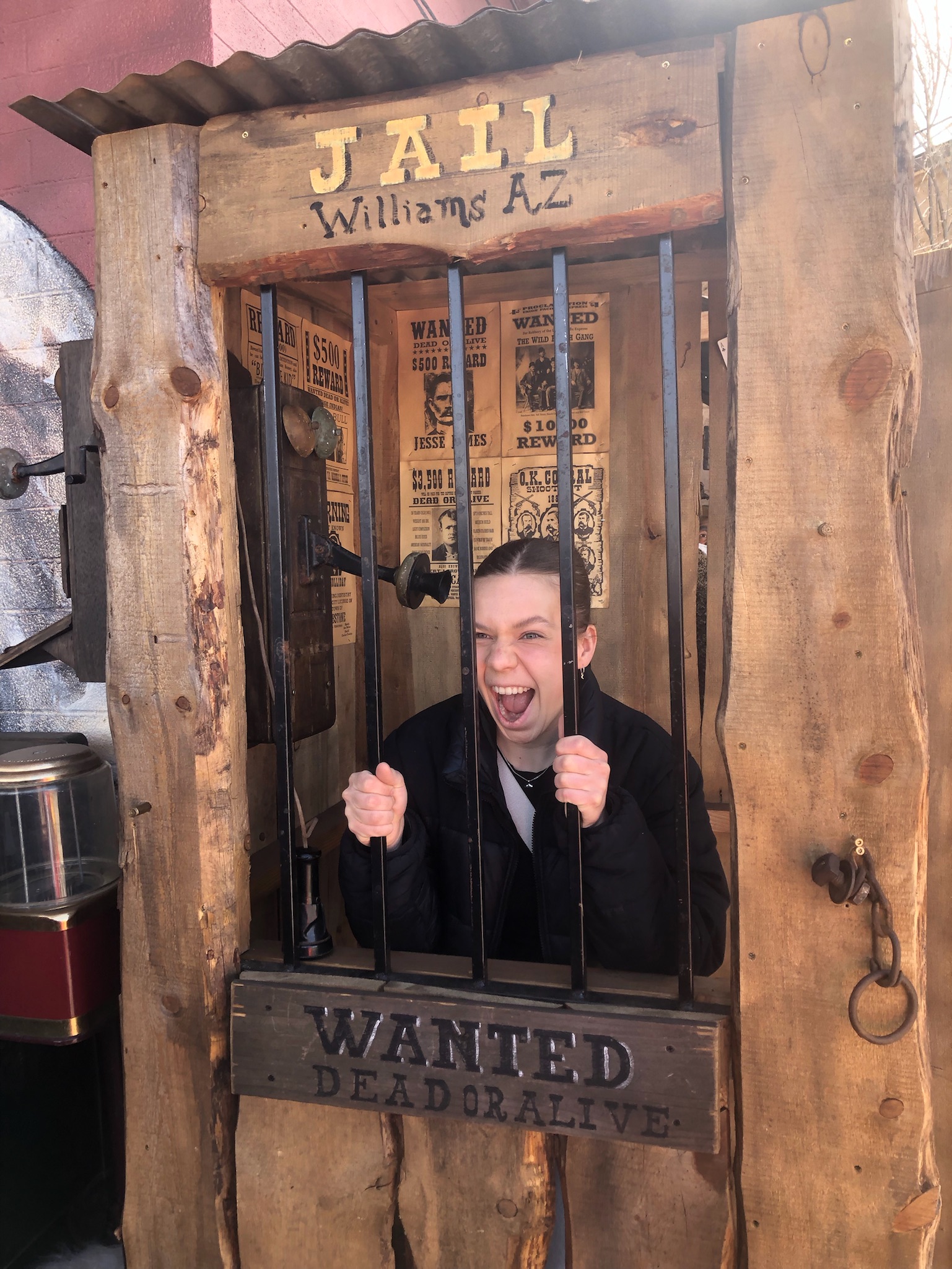 Jana in jail in Williams, Arizona. On the road to Sedona.