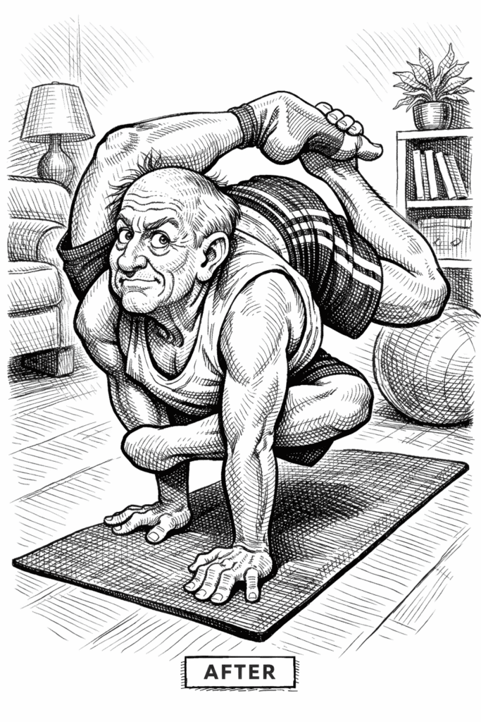 a sedentary lifestyle-black and white drawing of a senior man twisted into an impossible shape of a yoga mat